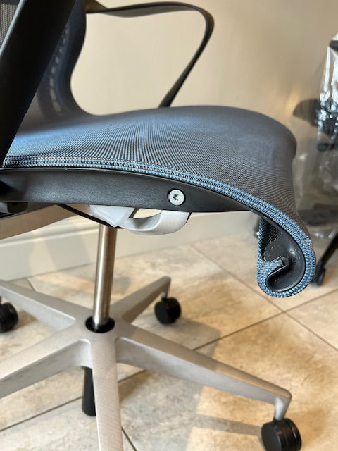 Herman Miller Setu Chair in Graphite frame with Blue mesh and Aluminium Base